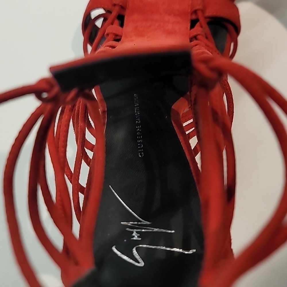 Giuseppe Zanotti Red Strappy Suede Stiletto Heels - Picture 10 of 14